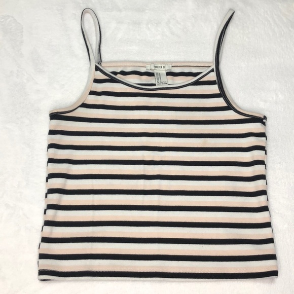 Forever 21‎ Striped Crop Tank Top Sleeveless Casual Basic Black Pink M - Picture 2 of 3